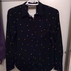 Navy blue button up with pink polka dots